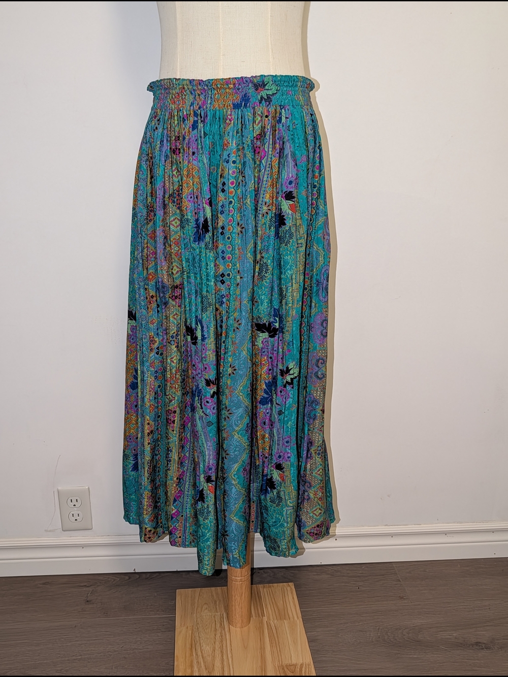 Vintage Teal Floral Silk Midi Pleated Boho Midi Skirt